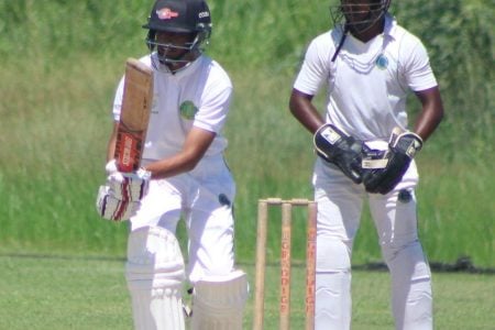 Alvin Mohabir eases one on the leg side during his unbeaten half-century