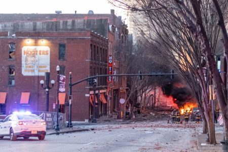Debris litters the road near the site of an explosion in the area of Second and Commerce in Nashville, on Dec 25, 2020.PHOTO: REUTERS/USA TODAY