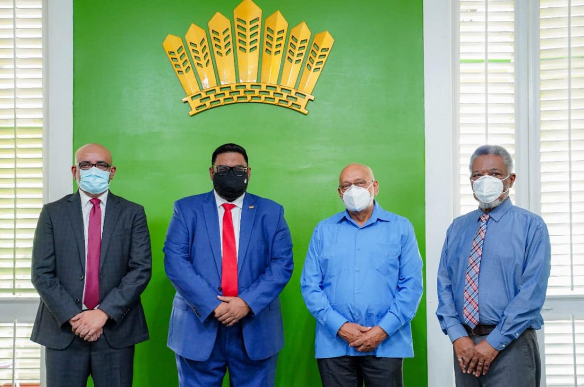 From left are Bharrat Jagdeo, President Irfaan Ali, Donald Ramotar and Samuel Hinds. (Office of the President photo)