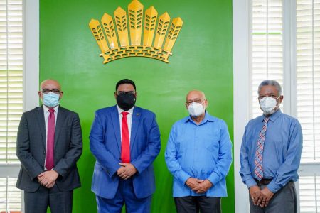 From left are Bharrat Jagdeo, President Irfaan Ali, Donald Ramotar and Samuel Hinds. (Office of the President photo)