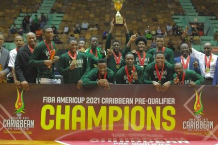 The Guyana national men’s basketball team which won the Caribbean Basketball Championships in 2018.