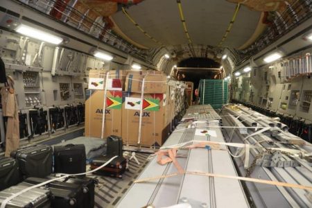 A view of the equipment and field hospital supplies on board the aircraft, which flew in yesterday (Photo courtesy of the Office of the President) 