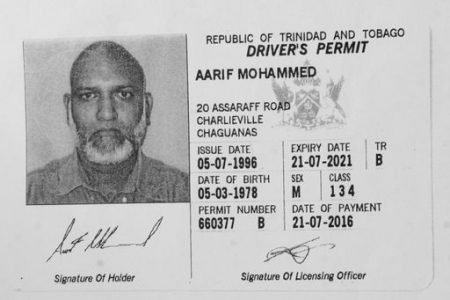 Aarif Mohammed's driver's permit