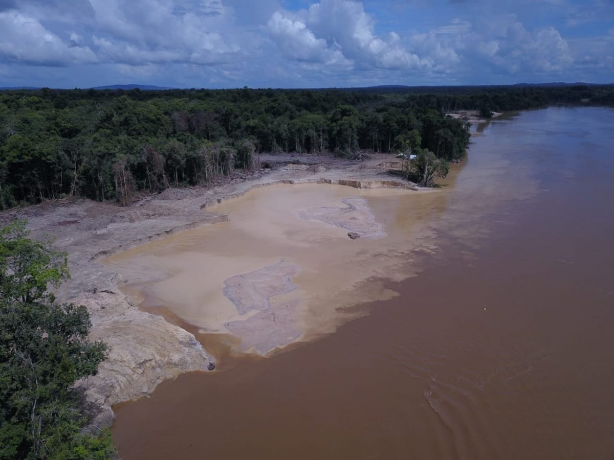 An aerial view of the Potaro River bank that was excavated