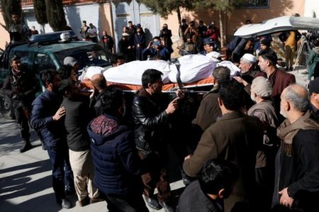 Relatives carry the body of one of the female judges shot dead by unknown gunmen in Kabul, Afghanistan January 17, 2021. REUTERS/Mohammad Ismail