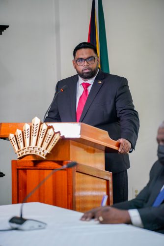 President Irfaan Ali speaking today (Office of the President photo)