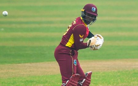  Andre McCarthy bats during his innings of 12 in yesterday’s opening ODI.
