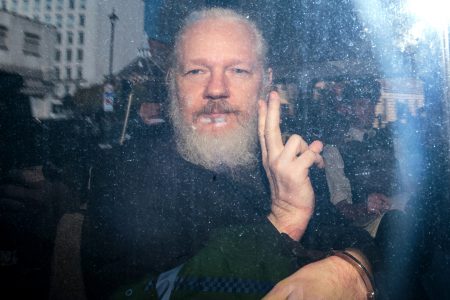 Julian Assange arrives at Westminster Magistrates court on April 11, 2019 in London, England.