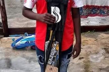 Young Restesh Haimchand of No. 72 Village received a new bat from the BCB as promised by its president Hilbert Foster.
