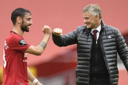 Bruno Fernandes, left, has scored 19 Premier League goals for Manchester United.