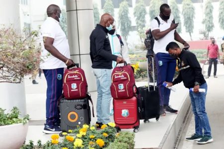 Some members of the West Indies team, seen sanitizing their luggage upon their arrival in Dhaka.  The players will be allowed to train after two Covid-19 tests and three days of isolation in their hotel. (Photo courtesy Cricinfo)