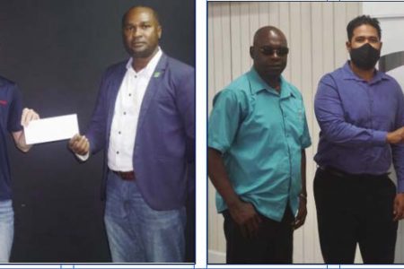 Communications Manager of Exxon Mobil, Nicholas Yearwood and General Manger of Tiger Rentals, Shane Singh presented sponsorship cheques to President of the Guyana Football Federation (GFF), Wayne Forde as Aubrey ‘Shanghai’ Major look on.

