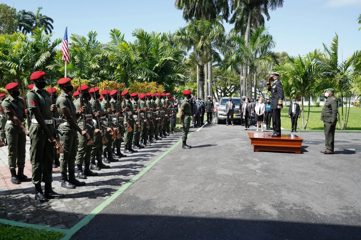 Admiral Craig Faller saluting a GDF Guard of Honour  at State House yesterday. (Office of the President photo)