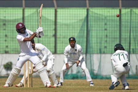 Skipper Kraigg Brathwaite forces Mahmadullah to take evasive action during his innings of 85 on yesterday’s openin day of the three-day tour game against the Bangladesh Cricket Board XI. (Photo courtesy Cricket West Indies website) 