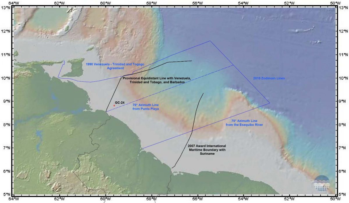 A map showing the point of interception between the naval vessel Commandante Hugo Chavez GC 24 and the two Guyanese fishing vessels (Ministry of Foreign Affairs) 