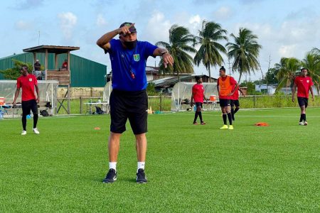 Golden Jaguars head coach Marcio Maximo making a point during a session at the GFF National Training Centre during the team’s preparation for the impending FIFA World Cup Qualifiers 
