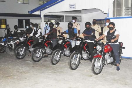 Police motorcycle patrols were launched yesterday in Region Three at the Regional Divisional Headquarters, Leonora Police Station. (Guyana Police Force photo)