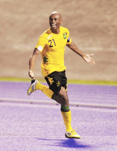 Jamaica’s captain Luton Shelton celebrates after scoring the winning goal in the country’s historic 2-1 FIFA World Cup win over the US at the National Stadium in September 2012.
