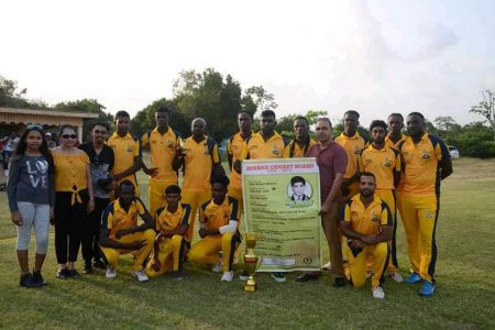 The Rose Hall Town Namilco Thunderbolt team poses after winning the Ivan Madray T20 Memorial