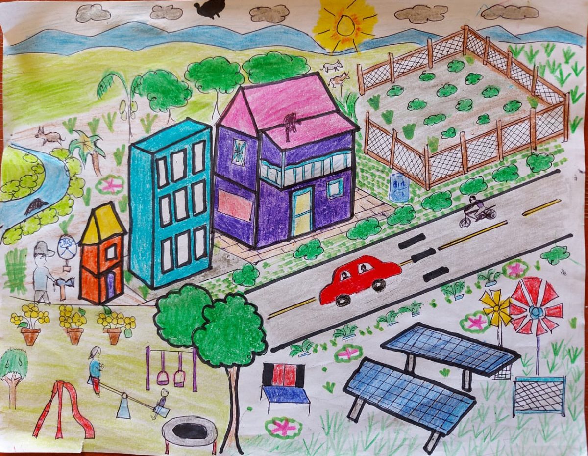 Ruel, 15, from Region 9, shared his vision for a more sustainable world for UNICEF Guyana’s #Reimagine #IllustrationChallenge. ‘Rural areas will be transformed to big, green towns or cities powered by solar or wind energy. Carbon emissions will decrease moving to a greener world’.
