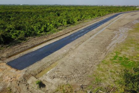 An aerial view of a recently paved section of the road 