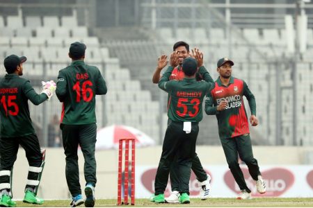 ALL TIGERS! The Bangladesh players celebrate another West Indies wicket. (Photo courtesy Bangladesh Cricket Board website)
