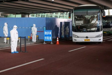 A bus carrying members of the World Health Organisation (WHO) team tasked with investigating the origins of the coronavirus disease (Covid-19) pandemic leaves Wuhan Tianhe International Airport in Wuhan, Hubei province, China January 14, 2021.
Image: REUTERS/Thomas Peter
