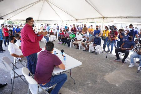 President Irfaan Ali during his address to residents at Buxton (Office of the President photo)