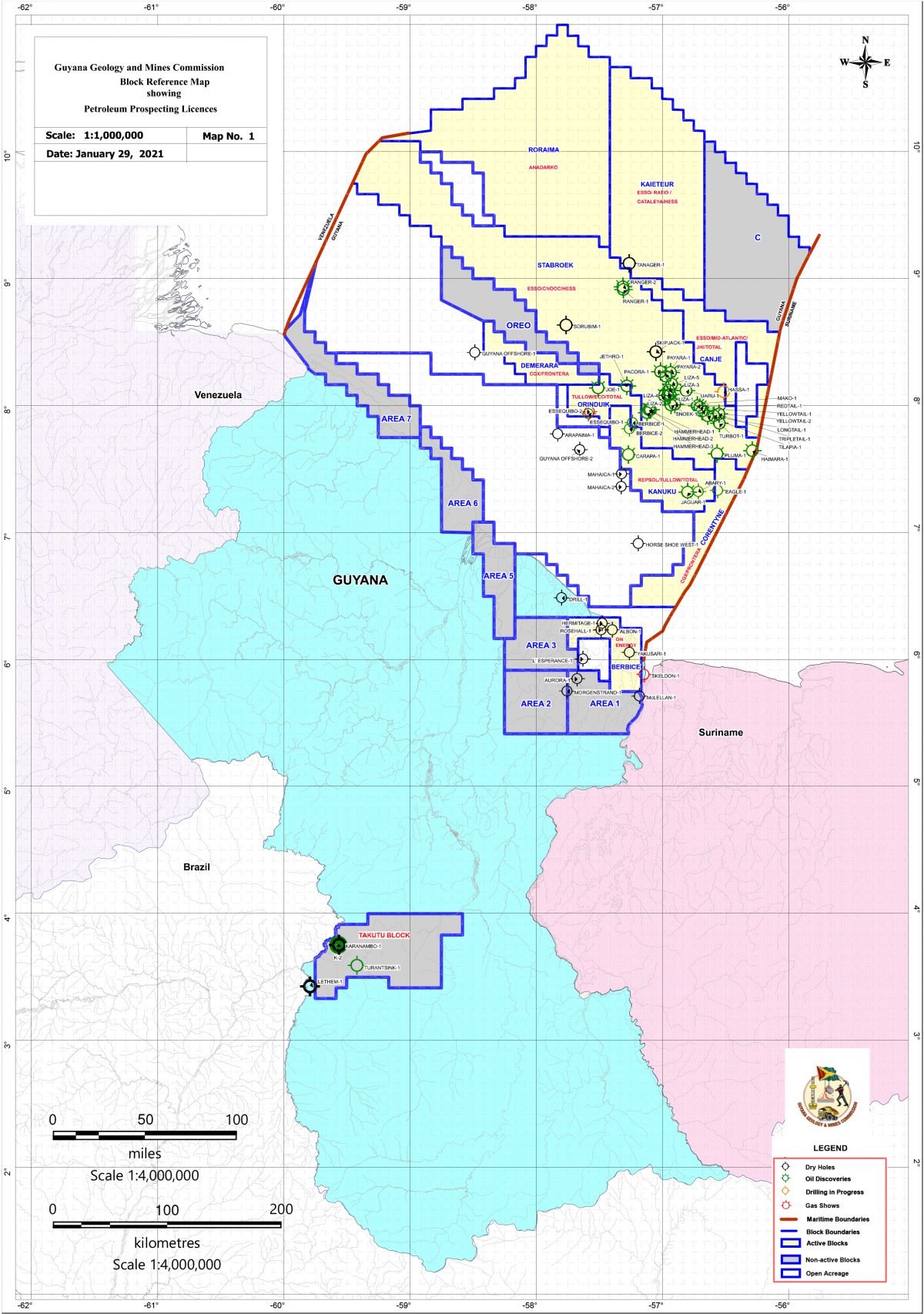 A Guyana Geology and Mines Commission map showing the offshore blocks  