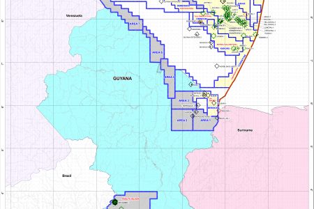 A Guyana Geology and Mines Commission map showing the offshore blocks  