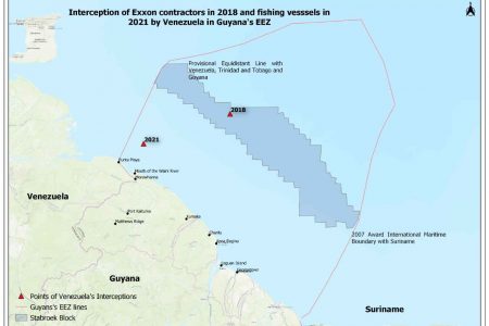 A map showing incursions by Venezuela in Guyana’s EEZ