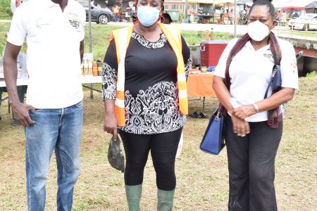 At The Mocha Arcadia Produces Market: Mocha -Arcadia Co-op chair Raeburn Jones, Ministry of Agriculture Extension officer Mitize Barker (centre) and profssor Pat Francis of the University of Guyana