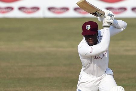 Nkrumah Bonner drives during his unbeaten 74 in the second Test yesterday 