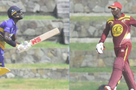 Devon Thomas’s (left) hundred, trumped that of Jonathan Carter’s as the  Leeward Islands Hurricanes defeated the Barbados Pride in the fifth place playoff  yesterday. 