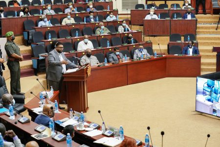 President Irfaan Ali addressing the Local Content Policy forum yesterday at the Arthur Chung Conference Centre. (Office of the President photo)