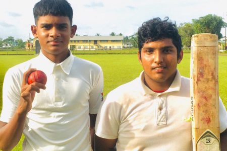Vishal Persaud (right) and Ushardeva Balgobin got the best of their practice match ahead of the inter-county tournament
