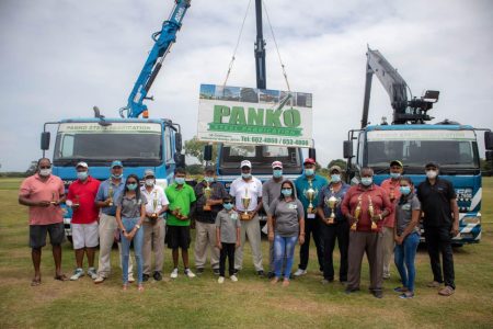 The winners and sponsors pose for a photo at the end of the Panko Steel Fabrication’s pairs golf tournament.