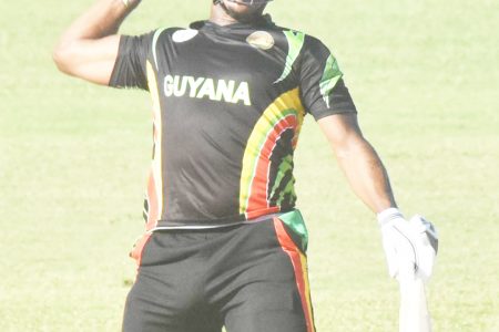 Veteran all-rounder Chris Barnwell celebrates reaching his maiden List A hundred yesterday. (Photo courtesy CWI Media) 