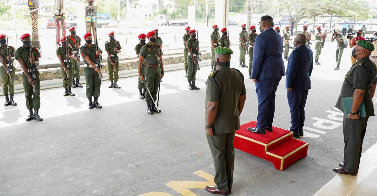 President Irfaan Ali on the dais about to take the salute from a GDF guard of honour (Office of the President photo)