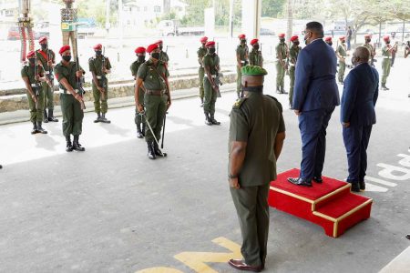 President Irfaan Ali on the dais about to take the salute from a GDF guard of honour (Office of the President photo)