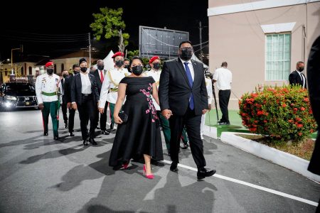 President Irfaan Ali and First Lady Arya Ali arriving for last evening’s Republic anniversary flag-raising ceremony at the Public Buildings. (Office of the President photo)