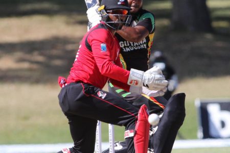 Guyana’s Chandrapaul Hemraj on the go during his innings of 87 yesterday.