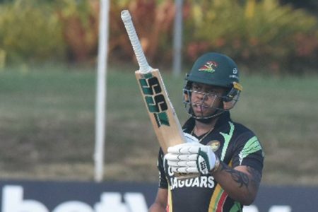 Left-hander Shimron Hetmyer celebrates his half-century against Barbados Pride.
