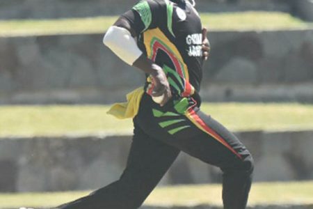 Fast bowler Keon Joseph storms in during his four-wicket burst witht the new ball yesterday. (Photo courtesy CWI Media) 