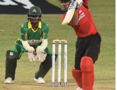 Lendl Simmons drives elegantly during his hundred against Windward Islands Volcanoes on Saturday night. (Photo courtesy CWI Media) 