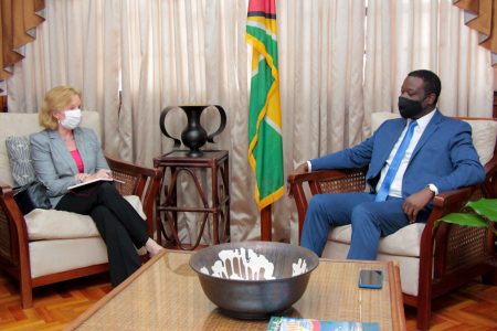 US Ambassador Sarah-Ann Lynch (left) and Foreign Minister Hugh Todd