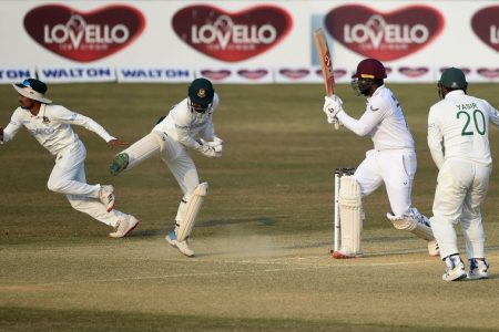 Left-hander Kyle Mayers was unbeaten 37 on yesterday’s day four of the first Test.(Photo courtesy CWI) 