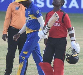 Jason Mohammed celebrates his hundred against Barbados Pride yesterday. (Photo courtesy CWI Media)