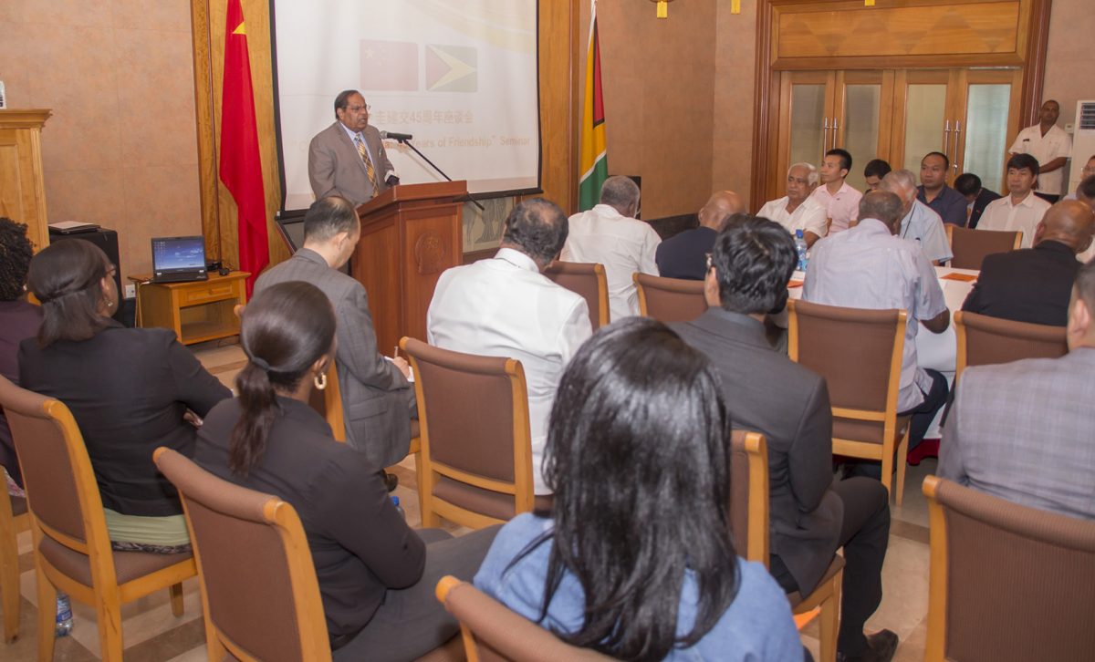 One China policy: On June 2017, Guyana and China celebrated 45 years of friendship with a “China and Guyana: 45 years of friendship” seminar to commemorate the event. Then Prime Minister Moses Nagamootoo, who was performing the functions of the President, delivered the keynote address at the Chinese Embassy. Nagamootoo commended then Ambassador Cui Jianchun for his initiative. “Guyana committed itself to the One China Policy, it was an attempt to forge a lasting relationship”, the Prime Minister said, noting too that Guyana has always chosen its friends strategically.  This file photo shows the seminar in progress.