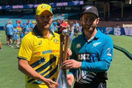 Australia and New Zealand captains, Aaron Finch, left and Kane Williamson with the trophy at stake in the T20 series.